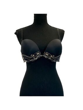 LA Senza Beyond Sexy black tan lace crystal rhinestone trim bra Sz 36D